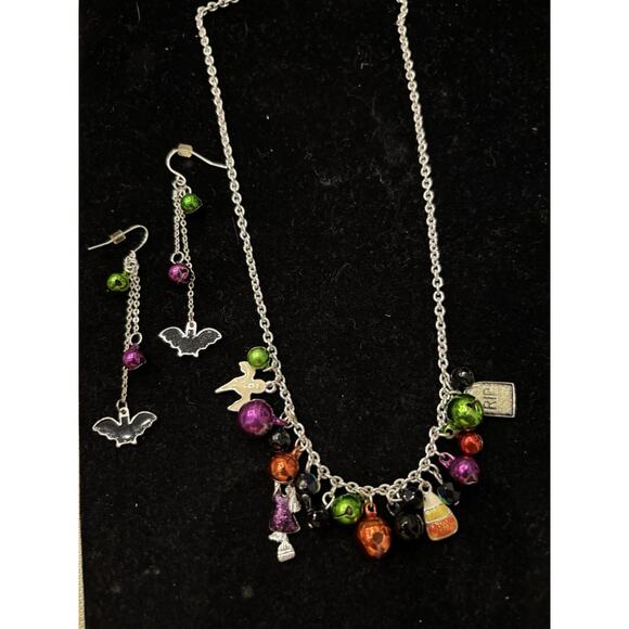 Halloween Silver Tone Necklace Bells Witch Charm Candy Corn Earrings Lot 🎃 FUN - Picture 1 of 4